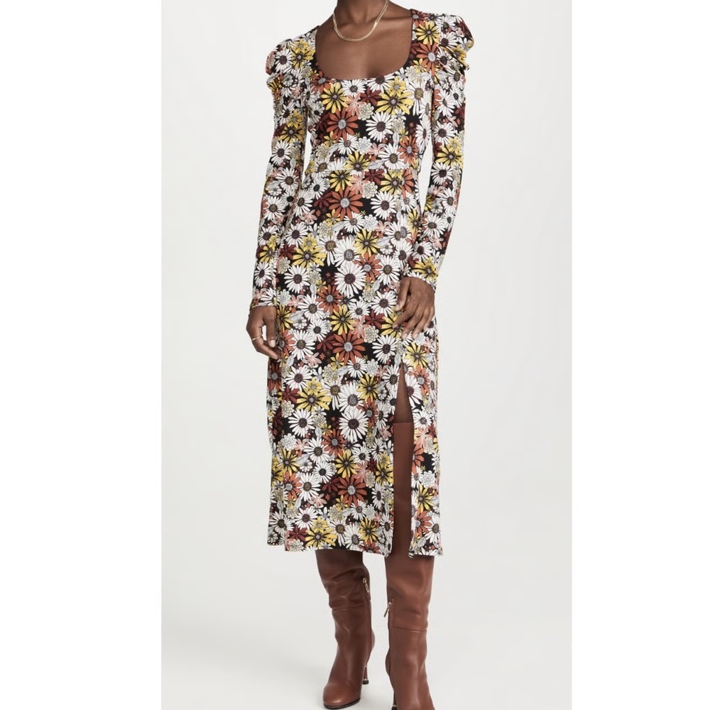 WAYF Lalia Puff Sleeve Slit Front Dress Black Daisies size Small